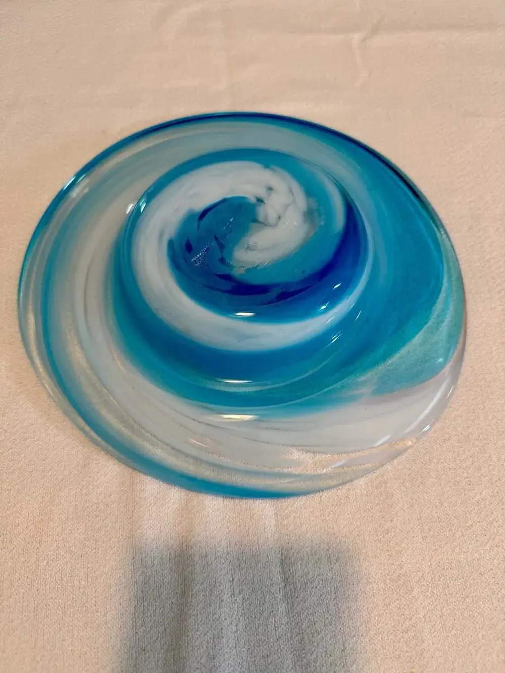 Mid-Century Blown Glass Swirl Bowl, Blue and White Ocean Design